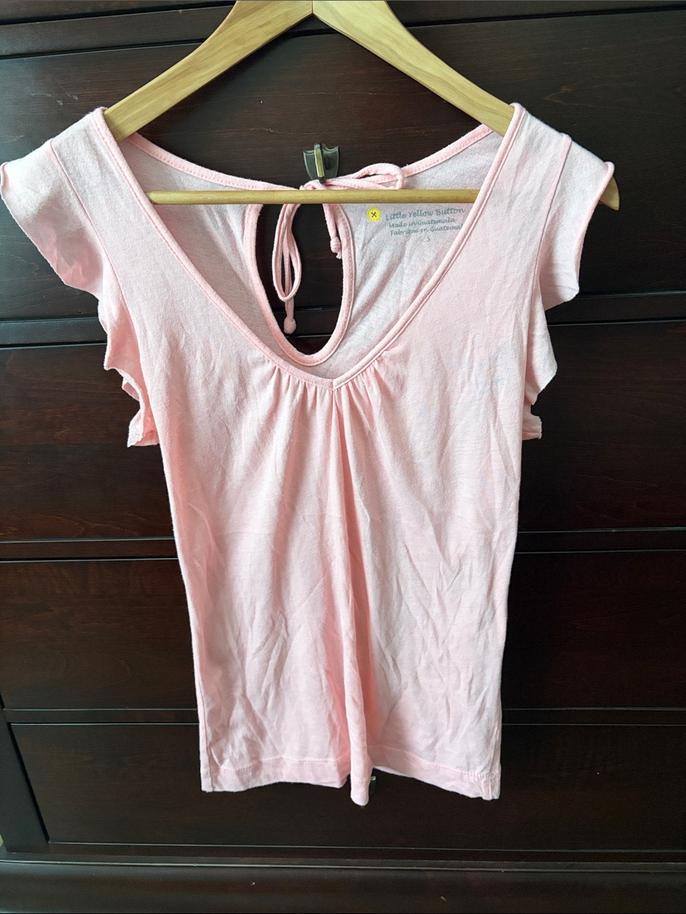 Little Yellow Button Pink V-Neck Tie-Back Top